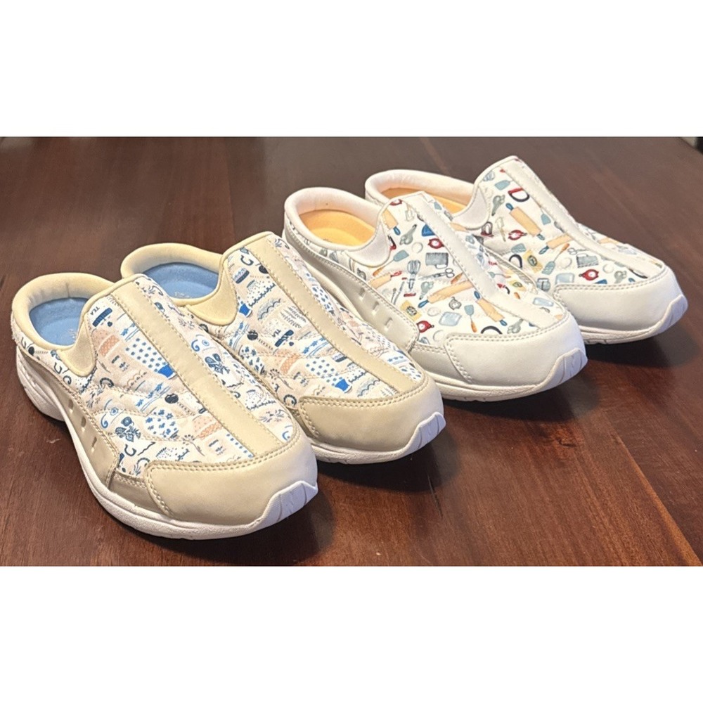 Easy Spirit Women's White Slip‑On 9 1/2W Sneakers Novelty Pattern Comfort 2 Pair